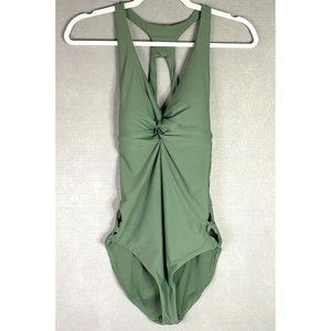 prAna Womens Swimsuit M Green Stretch Halter Top Tie Back One Piece Cutouts